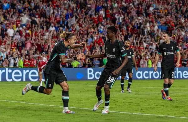 COLUMBIA - Saturday, August 3, 2024: Liverpool's Kostas Tsimikas celebrates after scoring the third goal during a pre-season friendly match between Liverpool FC and Manchester United FC at the Williams-Brice Stadium on day eleven of the club's pre-season tour of the USA. (Photo by David Rawcliffe/Propaganda)