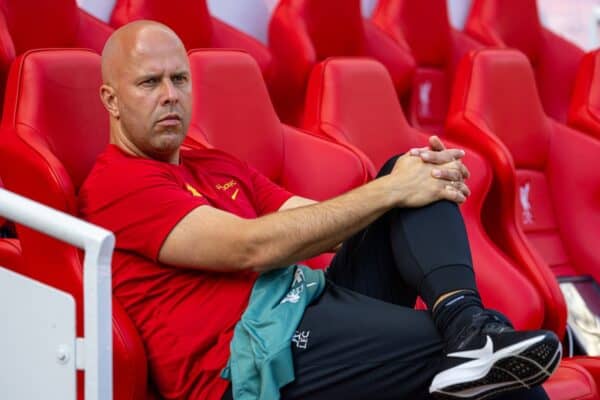 LIVERPOOL, ENGLAND - Sunday, August 11, 2024: Liverpool's head coach Arne Slot during a behind closed doors pre-season friendly match between Liverpool FC and Unión Deportiva Las Palmas FC at Anfield. (Photo by David Rawcliffe/Propaganda)