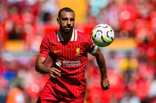 LIVERPOOL, ENGLAND - Sunday, August 11, 2024: Liverpool's Mohamed Salah during a pre-season friendly match between Liverpool FC and Sevilla FC at Anfield. (Photo by David Rawcliffe/Propaganda)