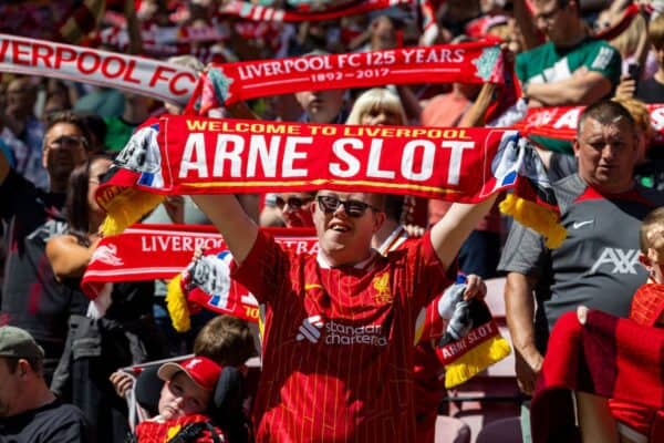LIVERPOOL, ENGLAND - Sunday, August 11, 2024: Liverpool supporters sing "You'll Never Walk Alone" during a pre-season friendly match between Liverpool FC and Sevilla FC at Anfield. (Photo by David Rawcliffe/Propaganda)