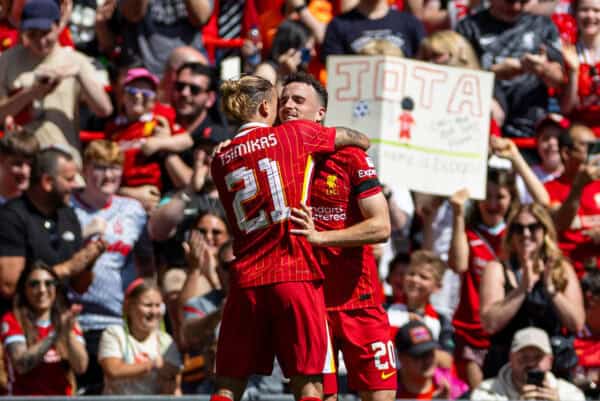 LIVERPOOL, ENGLAND - Sunday, August 11, 2024: Liverpool's Diogo Jota celebrates after scoring the first goal during a pre-season friendly match between Liverpool FC and Sevilla FC at Anfield. (Photo by David Rawcliffe/Propaganda)