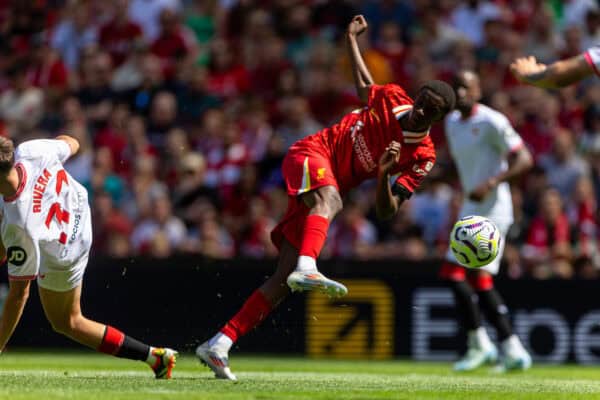 LIVERPOOL, ENGLAND - Sunday, August 11, 2024: Liverpool's Trey Nyoni scores the fourth goal during a pre-season friendly match between Liverpool FC and Sevilla FC at Anfield. (Photo by David Rawcliffe/Propaganda)
