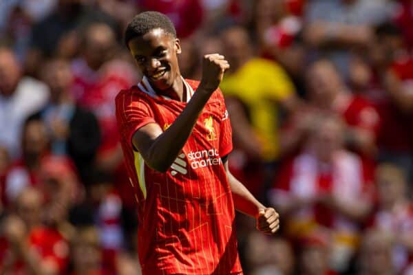 LIVERPOOL, ENGLAND - Sunday, August 11, 2024: Liverpool's Trey Nyoni celebrates after scoring the fourth goal during a pre-season friendly match between Liverpool FC and Sevilla FC at Anfield. (Photo by David Rawcliffe/Propaganda)