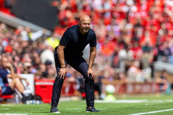 LIVERPOOL, ENGLAND - Sunday, August 11, 2024: Liverpool's head coach Arne Slot during a pre-season friendly match between Liverpool FC and Sevilla FC at Anfield. (Photo by David Rawcliffe/Propaganda)