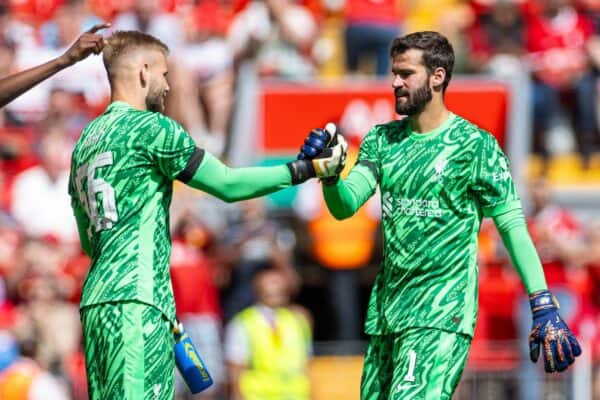 LIVERPOOL, ENGLAND - Sunday, August 11, 2024: Liverpool's goalkeeper Alisson Becker is replaced by Vitezslav Jaros during a pre-season friendly match between Liverpool FC and Sevilla FC at Anfield. (Photo by David Rawcliffe/Propaganda)