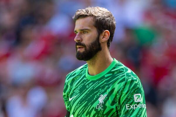 LIVERPOOL, ENGLAND - Sunday, August 11, 2024: Liverpool's goalkeeper Alisson Becker during a pre-season friendly match between Liverpool FC and Sevilla FC at Anfield. (Photo by David Rawcliffe/Propaganda)