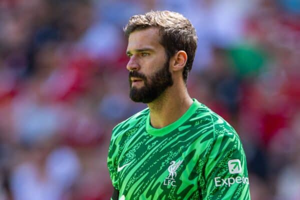 LIVERPOOL, ENGLAND - Sunday, August 11, 2024: Liverpool's goalkeeper Alisson Becker during a pre-season friendly match between Liverpool FC and Sevilla FC at Anfield. (Photo by David Rawcliffe/Propaganda)
