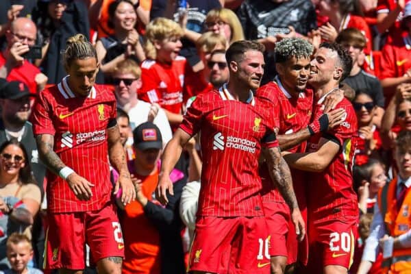 LIVERPOOL, ENGLAND - Sunday, August 11, 2024: Liverpool's Luis Díaz celebrates after scoring the second goal during a pre-season friendly match between Liverpool FC and Sevilla FC at Anfield. (Photo by David Rawcliffe/Propaganda)