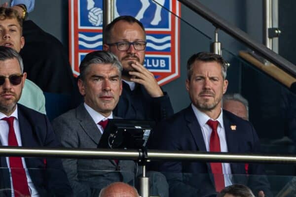 IPSWICH, ENGLAND - Saturday, August 17, 2024: Liverpool's Sporting Director Richard Hughes (C) and Chief Executive Officer Billy Hogan (R) during the FA Premier League match between Ipswich Town FC and Liverpool FC at Portman Road. (Photo by David Rawcliffe/Propaganda)
