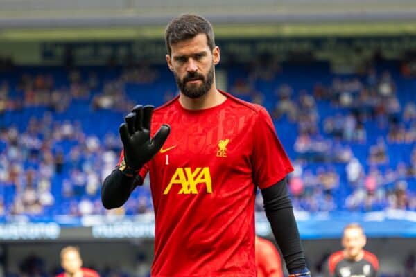 IPSWICH, ENGLAND - Saturday, August 17, 2024: Liverpool's goalkeeper Alisson Becker during the pre-match warm-up before the FA Premier League match between Ipswich Town FC and Liverpool FC at Portman Road. (Photo by David Rawcliffe/Propaganda)