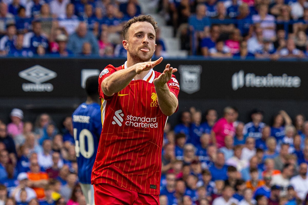 IPSWICH, ENGLAND - Saturday, August 17, 2024: Liverpool's Diogo Jota celebrates after scoring the opening goal during the FA Premier League match between Ipswich Town FC and Liverpool FC at Portman Road. (Photo by David Rawcliffe/Propaganda)