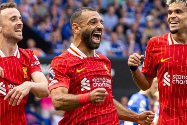 IPSWICH, ENGLAND - Saturday, August 17, 2024: Liverpool's Mohamed Salah celebrates after scoring the second goal during the FA Premier League match between Ipswich Town FC and Liverpool FC at Portman Road. (Photo by David Rawcliffe/Propaganda)
