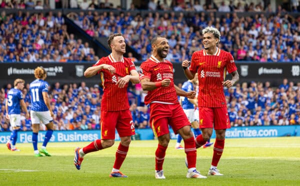 IPSWICH, ENGLAND - Saturday, August 17, 2024: Liverpool's Mohamed Salah celebrates after scoring the second goal during the FA Premier League match between Ipswich Town FC and Liverpool FC at Portman Road. (Photo by David Rawcliffe/Propaganda)