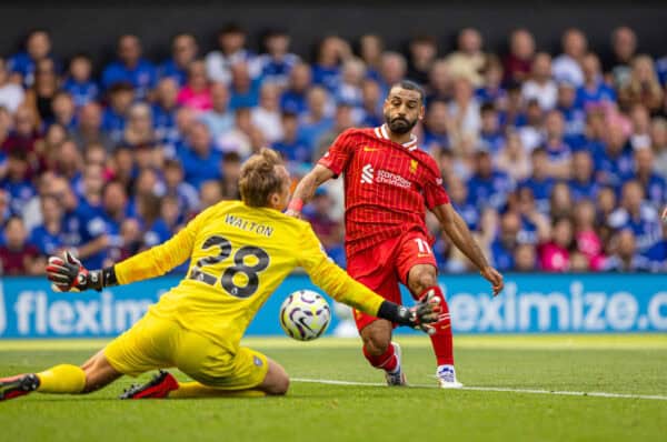 IPSWICH, ENGLAND - Saturday, August 17, 2024: Liverpool's Mohamed Salah scores the second goal during the FA Premier League match between Ipswich Town FC and Liverpool FC at Portman Road. (Photo by David Rawcliffe/Propaganda)