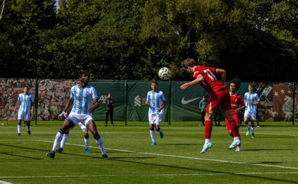 KIRKBY, ENGLAND - Saturday, August 24, 2024: Liverpool's Joe Bradshow scores his side's second goal to level the score at 2-2 during the Under-18's Premier League North match between Liverpool FC Under-18's and Middlesbrough FC Under-18's at the Liverpool Academy. (Photo by David Rawcliffe/Propaganda)
