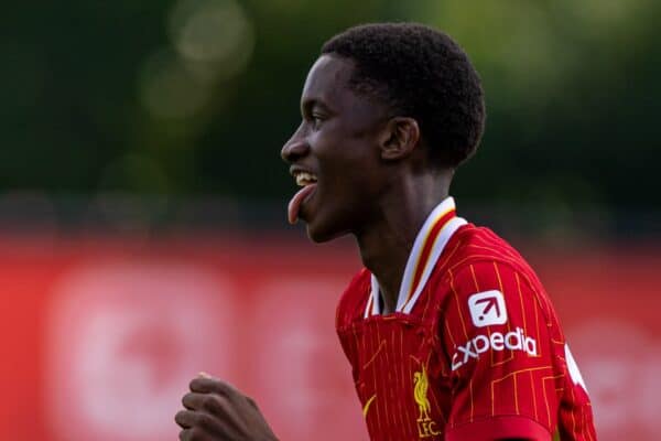 KIRKBY, ENGLAND - Saturday, August 24, 2024: Liverpool's Trey Nyoni celebrates after scoring the first equalising goal during the Premier League 2 Division 1 match between Liverpool FC Under-21's and Leicester City FC Under-21's at the Liverpool Academy. (Photo by David Rawcliffe/Propaganda)