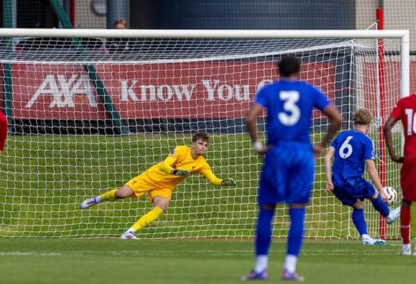 KIRKBY, ENGLAND - Saturday, August 24, 2024: Liverpool's goalkeeper Kornel Misciur saves a penalty kick during the Premier League 2 Division 1 match between Liverpool FC Under-21's and Leicester City FC Under-21's at the Liverpool Academy. (Photo by David Rawcliffe/Propaganda)