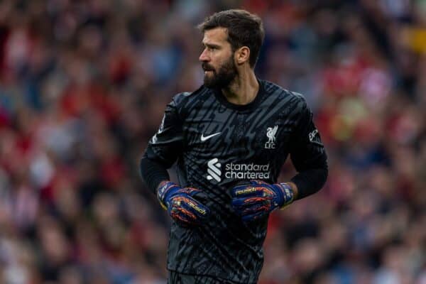 LIVERPOOL, ENGLAND - Sunday, August 25, 2024: Liverpool's goalkeeper Alisson Becker during the FA Premier League match between Liverpool FC and Brentford FC at Anfield. (Photo by David Rawcliffe/Propaganda)