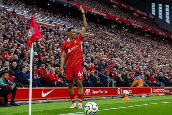 LIVERPOOL, ENGLAND - Sunday, August 25, 2024: Liverpool's Trent Alexander-Arnold takes a corner-kick during the FA Premier League match between Liverpool FC and Brentford FC at Anfield. (Photo by David Rawcliffe/Propaganda)