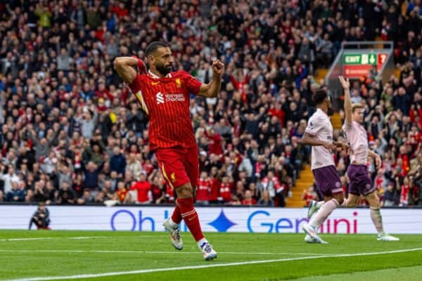 LIVERPOOL, ENGLAND - Sunday, August 25, 2024: Liverpool's Mohamed Salah celebrates after scoring the second goal during the FA Premier League match between Liverpool FC and Brentford FC at Anfield. (Photo by David Rawcliffe/Propaganda)