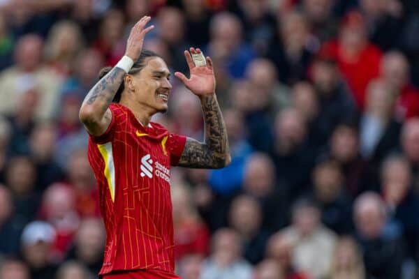 LIVERPOOL, ENGLAND - Sunday, August 25, 2024: Liverpool's Darwin Núñez during the FA Premier League match between Liverpool FC and Brentford FC at Anfield. (Photo by David Rawcliffe/Propaganda)