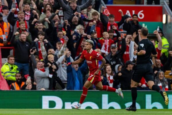LIVERPOOL, ENGLAND - Sunday, August 25, 2024: Liverpool's Luis Díaz celebrates after scoring the first goal during the FA Premier League match between Liverpool FC and Brentford FC at Anfield. (Photo by David Rawcliffe/Propaganda)