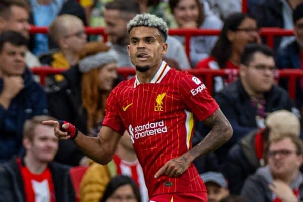 LIVERPOOL, ENGLAND - Sunday, August 25, 2024: Liverpool's Luis Díaz celebrates after scoring the first goal during the FA Premier League match between Liverpool FC and Brentford FC at Anfield. (Photo by David Rawcliffe/Propaganda)