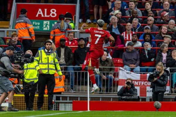 LIVERPOOL, ENGLAND - Sunday, August 25, 2024: Liverpool's Luis Díaz celebrates after scoring the first goal during the FA Premier League match between Liverpool FC and Brentford FC at Anfield. (Photo by David Rawcliffe/Propaganda)