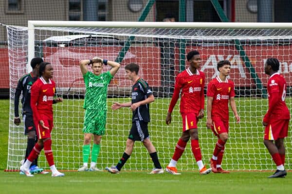 KIRKBY, ENGLAND - Wednesday, August 28, 2024: Liverpool's goalkeeper Bailey Hall and team-mates look dejected as Arsenal score their third goal during the Under-18's Premier League Cup match between Liverpool FC Under-18's and Arsenal FC Under-18's at the Liverpool Academy. (Photo by David Rawcliffe/Propaganda)