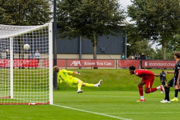 KIRKBY, ENGLAND - Wednesday, August 28, 2024: Liverpool's Louis Enaharo-Marcus scores his side's second goal to make the score 2-3 during the Under-18's Premier League Cup match between Liverpool FC Under-18's and Arsenal FC Under-18's at the Liverpool Academy. (Photo by David Rawcliffe/Propaganda)