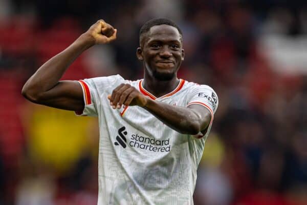 MANCHESTER, ENGLAND - Sunday, September 1, 2024: Liverpool's Ibrahima Konaté celebrates after the FA Premier League match between Manchester United FC and Liverpool FC at Old Trafford. Liverpool won 3-0. (Photo by David Rawcliffe/Propaganda)