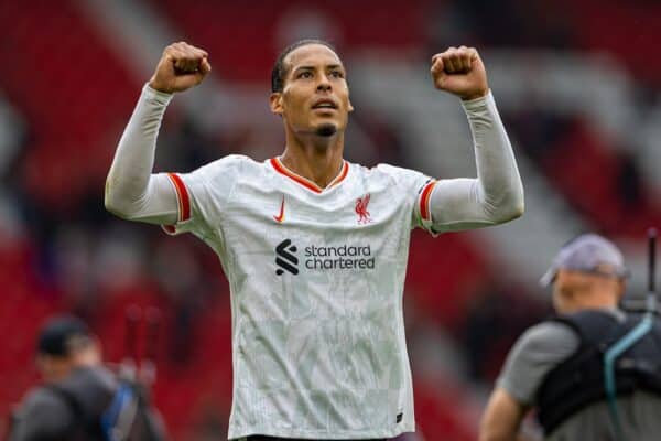 MANCHESTER, ENGLAND - Sunday, September 1, 2024: Liverpool's captain Virgil van Dijk celebrates after the FA Premier League match between Manchester United FC and Liverpool FC at Old Trafford. Liverpool won 3-0. (Photo by David Rawcliffe/Propaganda)