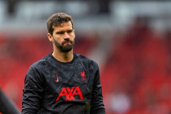 MANCHESTER, ENGLAND - Sunday, September 1, 2024: Liverpool's goalkeeper Alisson Becker during the pre-match warm-up before the FA Premier League match between Manchester United FC and Liverpool FC at Old Trafford. (Photo by David Rawcliffe/Propaganda)