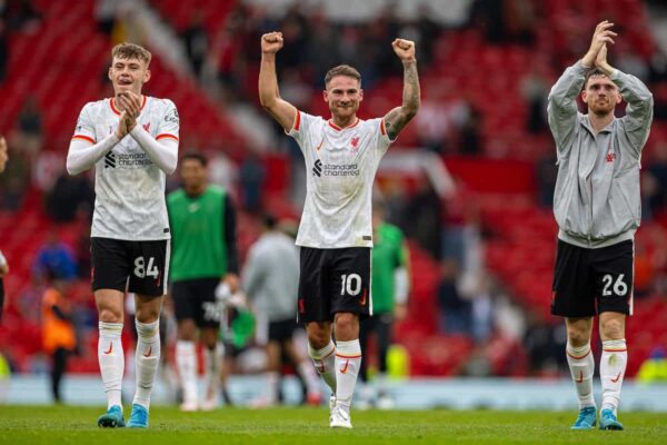 MANCHESTER, ENGLAND - Sunday, September 1, 2024: Liverpool's (L-R) Conor Bradley, Alexis Mac Allister, Andy Robertson celebrate after the FA Premier League match between Manchester United FC and Liverpool FC at Old Trafford. Liverpool won 3-0. (Photo by David Rawcliffe/Propaganda)