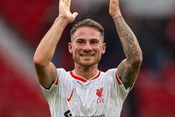 MANCHESTER, ENGLAND - Sunday, September 1, 2024: Liverpool's Alexis Mac Allister celebrates after the FA Premier League match between Manchester United FC and Liverpool FC at Old Trafford. Liverpool won 3-0. (Photo by David Rawcliffe/Propaganda)