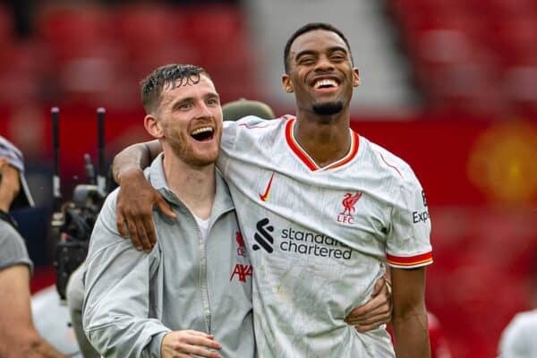 MANCHESTER, ENGLAND - Sunday, September 1, 2024: Liverpool's Andy Robertson (L) and Ryan Gravenberch celebrates after the FA Premier League match between Manchester United FC and Liverpool FC at Old Trafford. Liverpool won 3-0. (Photo by David Rawcliffe/Propaganda)