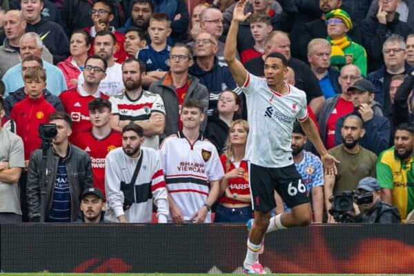 MANCHESTER, ENGLAND - Sunday, September 1, 2024: Liverpool's Trent Alexander-Arnold celebrates after scoring the first goal, but it is later disallowed, during the FA Premier League match between Manchester United FC and Liverpool FC at Old Trafford. (Photo by David Rawcliffe/Propaganda)