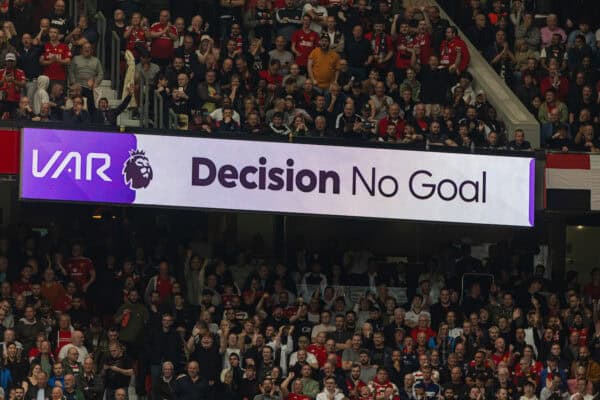 MANCHESTER, ENGLAND - Sunday, September 1, 2024: VAR disallows Liverpool's opening goal during the FA Premier League match between Manchester United FC and Liverpool FC at Old Trafford. (Photo by David Rawcliffe/Propaganda)
