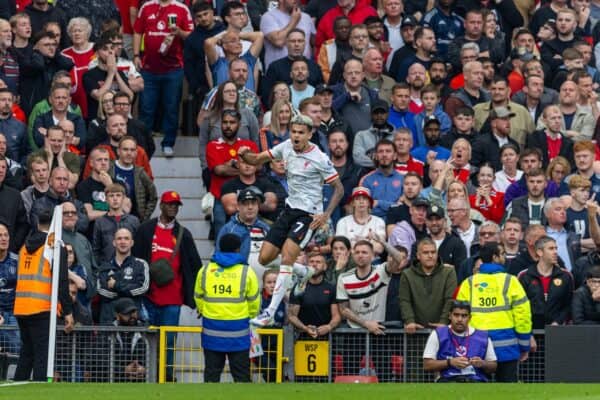 MANCHESTER, ENGLAND - Sunday, September 1, 2024: Liverpool's Luis Díaz celebrates after scoring the first goal during the FA Premier League match between Manchester United FC and Liverpool FC at Old Trafford. (Photo by David Rawcliffe/Propaganda)