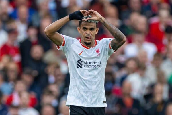 MANCHESTER, ENGLAND - Sunday, September 1, 2024: Liverpool's Luis Diaz celebrates after scoring the first goal during the FA Premier League match between Manchester United FC and Liverpool FC at Old Trafford. (Photo by David Rawcliffe/Propaganda)