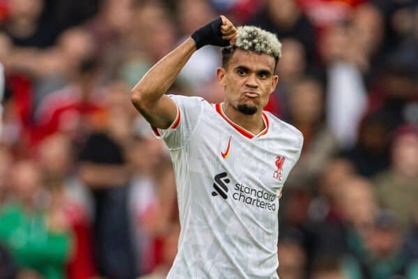 MANCHESTER, ENGLAND - Sunday, September 1, 2024: Liverpool's Luis Díaz celebrates after scoring the second goal during the FA Premier League match between Manchester United FC and Liverpool FC at Old Trafford. (Photo by David Rawcliffe/Propaganda)