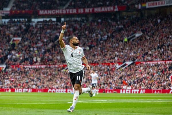 MANCHESTER, ENGLAND - Sunday, September 1, 2024: Liverpool's Mohamed Salah celebrates after scoring the third goal during the FA Premier League match between Manchester United FC and Liverpool FC at Old Trafford. (Photo by David Rawcliffe/Propaganda)