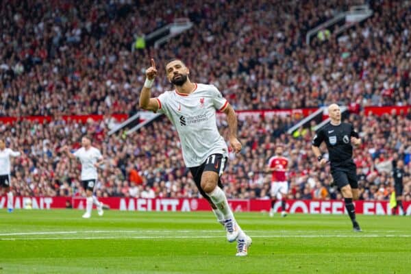 MANCHESTER, ENGLAND - Sunday, September 1, 2024: Liverpool's Mohamed Salah celebrates after scoring the third goal during the FA Premier League match between Manchester United FC and Liverpool FC at Old Trafford. (Photo by David Rawcliffe/Propaganda)