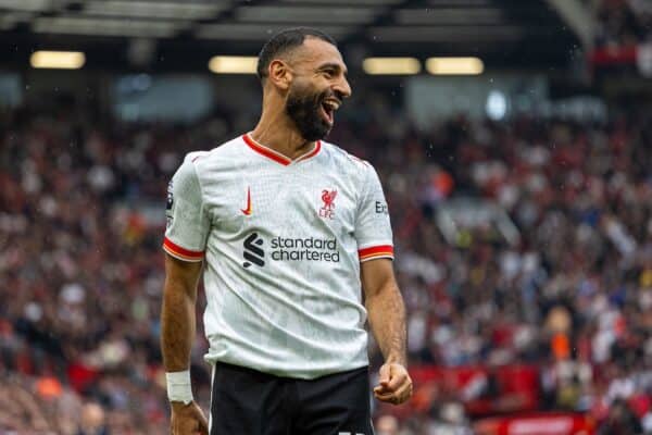 MANCHESTER, ENGLAND - Sunday, September 1, 2024: Liverpool's Mohamed Salah celebrates after scoring the third goal during the FA Premier League match between Manchester United FC and Liverpool FC at Old Trafford. (Photo by David Rawcliffe/Propaganda)