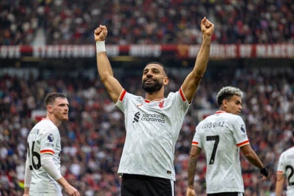 MANCHESTER, ENGLAND - Sunday, September 1, 2024: Liverpool's Mohamed Salah celebrates after scoring the third goal during the FA Premier League match between Manchester United FC and Liverpool FC at Old Trafford. (Photo by David Rawcliffe/Propaganda)