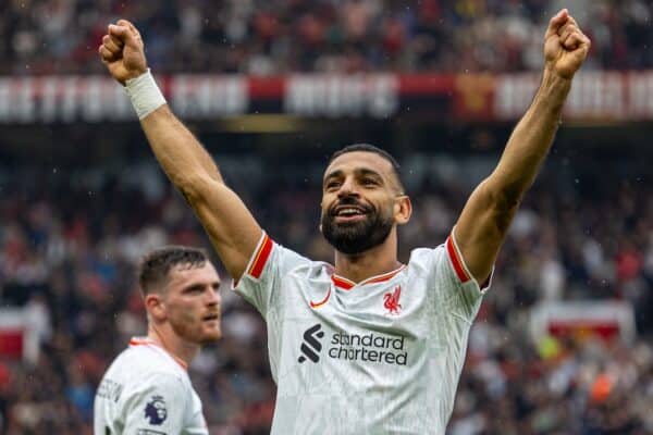 MANCHESTER, ENGLAND - Sunday, September 1, 2024: Liverpool's Mohamed Salah celebrates after scoring the third goal during the FA Premier League match between Manchester United FC and Liverpool FC at Old Trafford. (Photo by David Rawcliffe/Propaganda)