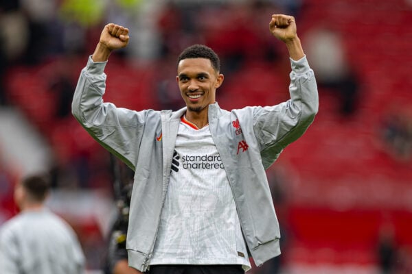 MANCHESTER, ENGLAND - Sunday, September 1, 2024: Liverpool's Trent Alexander-Arnold celebrates after the FA Premier League match between Manchester United FC and Liverpool FC at Old Trafford. Liverpool won 3-0. (Photo by David Rawcliffe/Propaganda)