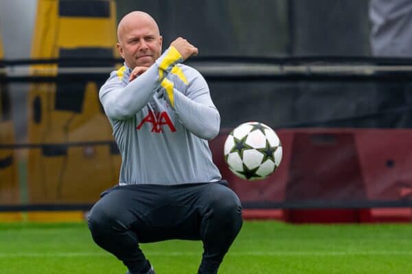 LIVERPOOL, ENGLAND - Monday, September 16, 2024: Liverpool's head coach Arne Slot during a training session at the AXA Training Centre ahead of the UEFA Champions League match between AC Miland and Liverpool FC. (Photo by Jon Super/Propaganda)