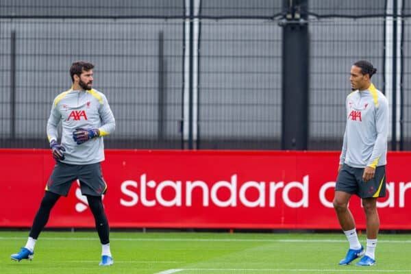 LIVERPOOL, ENGLAND - Monday, September 16, 2024: Liverpool's goalkeeper Alisson Becker (L) and captain Virgil van Dijk during a training session at the AXA Training Centre ahead of the UEFA Champions League match between AC Milan and Liverpool FC. (Photo by Jon Super/Propaganda)
