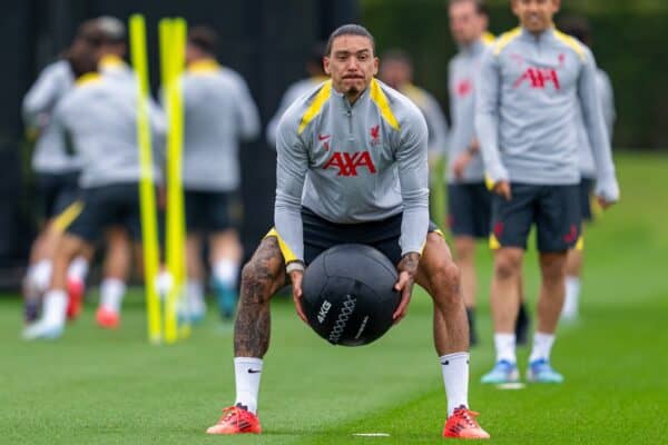 LIVERPOOL, ENGLAND - Monday, September 16, 2024: Liverpool's Darwin Núñez with a medicine ball during a training session at the AXA Training Centre ahead of the UEFA Champions League match between AC Milan and Liverpool FC. (Photo by Jon Super/Propaganda)